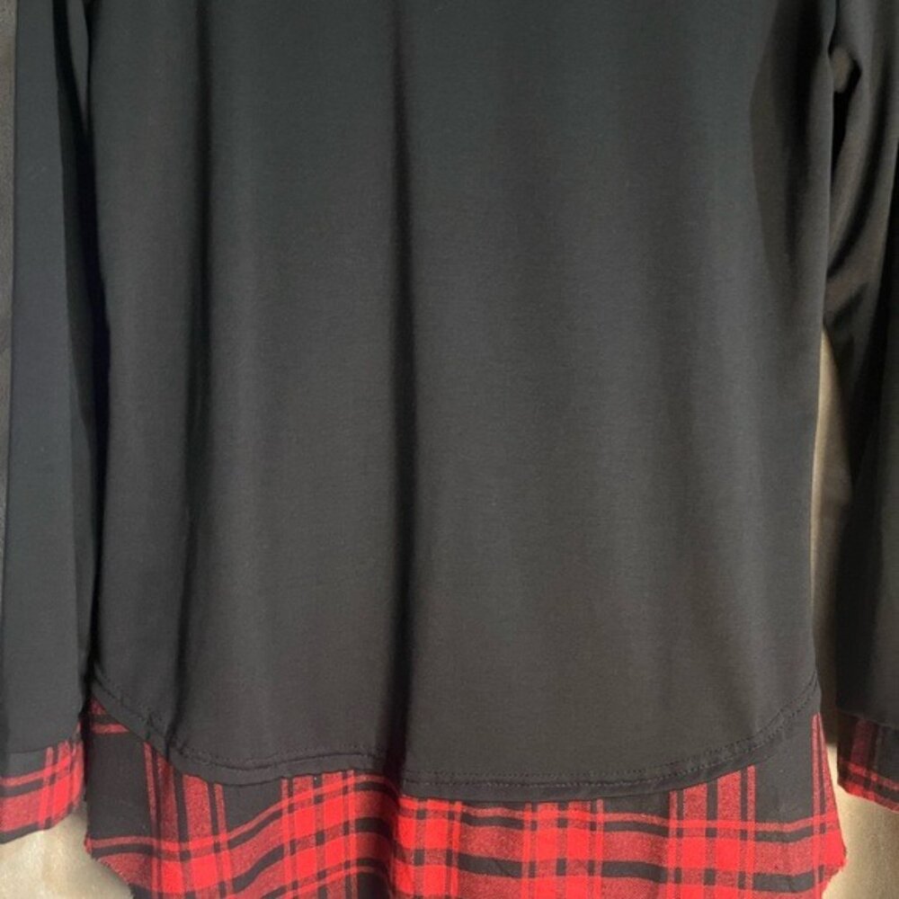 Black Long Sleeve Tunic Top Red Buffalo Plaid Cuff Hemline Round Neckline Large - Picture 7 of 10